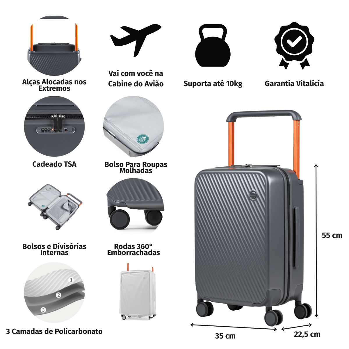 Mala de Bordo 10 kg Policarbonato 4 Rodas Bahamas Branca